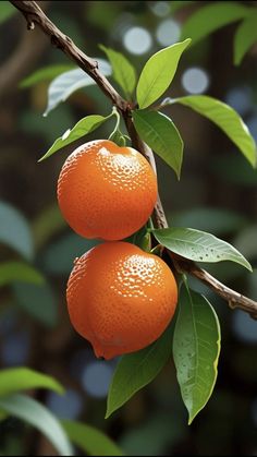 two oranges are hanging from a tree branch