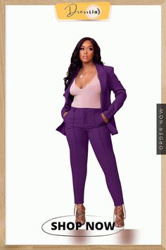 Solid Long Sleeve Office Lady Blazer Jacket Pants Suits Fall Workwear Sets With Pockets, Winter Sets With Pockets And Notch Lapel, Purple Suits For Fall Workwear, Purple Suits For Workwear In Fall, Purple Long Sleeve Suits For Fall, Purple Long Sleeve Suit For Fall, Purple Long Sleeve Workwear Pantsuit, Casual Tailored Sets With Pockets, Purple Long Sleeve Pantsuit For Work