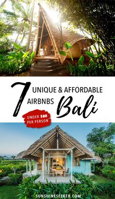 the front and back cover of an airbns bali house with text overlaying it