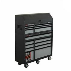 a black tool cabinet with drawers and wheels