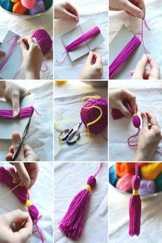 the process of making tassels with yarn and scissors