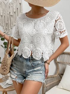 Guipure Lace Insert Blouse White Casual  Short Sleeve Lace Plain Top Non-Stretch  Women Clothing, size features are:Bust: ,Length: ,Sleeve Length: Chic Cheap Lace Top, Cheap Lace Patchwork Top For Summer, Affordable Fitted Casual Lace Top, Chic White Lace Top Affordable, Women Lace Blouse Nordstrom, Affordable White Feminine Lace Top, Cheap Fitted Lace Top For Spring, Cheap Lace Top For Wedding, Chic Cheap Crochet Lace Top