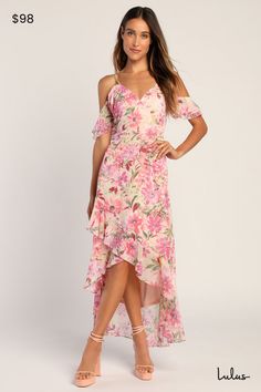 Be the talk of any garden party with the Lulus Watch Me Grow Pink Floral Print Cold-Shoulder High-Low Dress! A fun floral print decorates lightweight woven chiffon that shapes adjustable spaghetti straps that support short, ruffled, cold-shoulder sleeves. An empire waist tops the fitted silhouette that falls to a fluttery skirt with a ruffled, high-low hemline. Hidden back zipper/clasp. Fit: This garment fits true to size. Length: Ankle length. Size medium measures 41" from adjustable straps to Spring Floral Print Maxi Dress With High-low Hem, Spring High-low Hem Floral Maxi Dress, Summer Floral Print Maxi Dress With High-low Hem, Pink Off-shoulder Maxi Dress With Floral Print, Flowy Floral Print High-low Hem Midi Dress, Sundresses For Women, Green Sundress, Empire Waist Tops, Sundresses Women