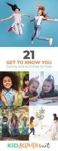 four photos with children jumping in the air and text that says, get to know you games