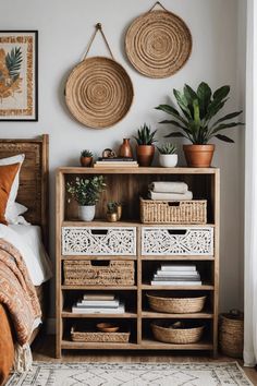 a bedroom with baskets and plants on the wall