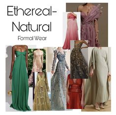 A collage of Ethereal-Natural essence inspiration for formal wear. Natural Romantic Ethereal, Ethereal Natural Classic, Classic Natural Essence, Natural Ethereal Essence, Casual Ethereal Outfits, Ethereal Casual Outfit, Essence Types, Angelic Essence