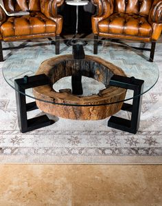 Ozark Coffee Table Coffee Table With Stone Top, Metalworking Table, Live Edge Table Legs Ideas, Wood And Black Living Room, Glass Table Design, Tufted Leather Chair, Adobe Interior, Live Edge Wood Table, Koti Diy