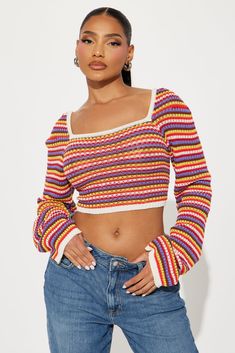 Available In Multi Color. Pullover Sweater Long Sleeve Square Neck Striped Cropped Ribbed Hem Disclaimer: Stripe Placement Will Vary. 100% Cotton Imported | Missy Striped Sweater size Large by Fashion Nova Summer Ribbed Long Sleeve Sweater, Summer Long Sleeve Ribbed Sweater, Spring Stretch Knit Long Sleeve Top, Trendy Stretch Cropped Sweater In Pointelle Knit, Trendy Textured Knit Long Sleeve Tops, Trendy Stretch Pointelle Knit Top, Chic Multicolor Summer Sweater, Long Sleeve Pointelle Knit Crop Top, Trendy Long Sleeve Knit Top