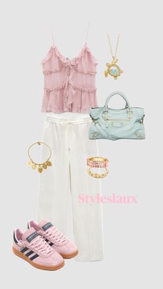 two pairs of pink and white clothing, one with blue handbag, the other with gold