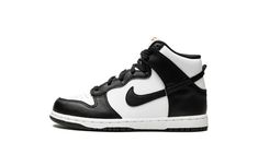 The Nike Dunk High PS “Panda” is the youth sizing of the black-and-white colorway of the popular high-top shoe.  Based on the Dunk’s original, two-tone design that honored some of the top college basketball teams in the country in 1985, the “Panda” is a versatile colorway that can be worn with a variety of casual outfits.  The perforated toe, mid-panel, and collar are designed in white leather.  Contrasting black leather panels on the toe cap, forefoot, eyelets, collar, heel, and Swoosh balance High Top Nike Outfit, School Clothes List, High Top Nikes, Nike Dunk High Panda, Panda Shoes, High Top Shoe, Nike High, Nike Dunk High, Dunk High