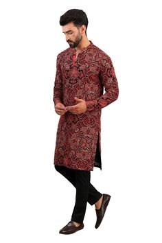 Black kurta with multicolour resham thread embroidered paisley and floral jaal patterns, embellished by sequins. Comes with pant. - Aza Fashions Black Kurta, Kurta With Pants, Pants Pattern, Embroidered Silk, Mandarin Collar, Black Silk, Cotton Silk, Aza Fashion, Mens Pants