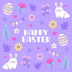 the words happy easter are surrounded by colorful flowers and bunnies on a purple background