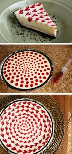 two pictures showing different ways to decorate a cake with red and white polka dots on it