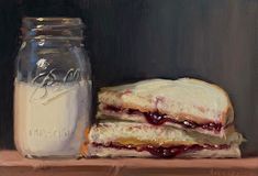 a painting of a sandwich next to a jar of milk