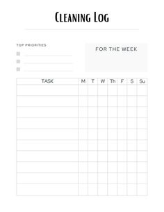 a cleaning log is shown with the words top prioritys for the week on it