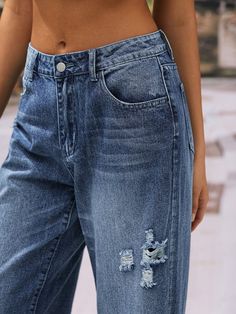 Casual Wide Leg Ripped Pants, Casual High Rise Distressed Pants, Casual Ripped Wide-leg Bottoms, Casual Wide Leg Ripped Bottoms, Medium Wash Ripped Wide Leg Bottoms, Ripped Baggy Mid-rise Pants, Casual High Rise Ripped Pants, Ripped Relaxed Fit Straight Leg Pants, Distressed Denim Blue Cropped Bottoms