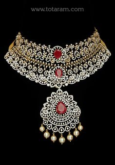 18 Karat White & Yellow Gold Polish 'Detachable - 10 In 1' Diamond Choker Necklace with Color Stones & South Sea Pearls
  This Product has a Detachable Pendant which can be used as a separate Pendant with most Chains
  Length of the Pendant : 3.25 inches
  Width of the Pendant : 2.00 inches  
  This is a 10-in-1 Diamond Choker Necklace
  1. It can be used as a 3 layer choker or
  2. It can be used as a 2 layer choker using the top 2 layers or
  3. It can be used as a 2 layer necklace using the b Gold Diamond Jewelry With Detachable Pendant, Diamond Necklace With Detachable Pendant For Wedding, Luxury Diamond White Jewelry With Detachable Pendant, White Gold Detachable Pendant Jewelry For Wedding, Wedding White Gold Jewelry With Detachable Pendant, Luxury Jewelry With Detachable Pendant In Cubic Zirconia, Luxury Jewelry With Detachable Cubic Zirconia Pendant, Traditional Jewelry With Single Cut Diamonds, Traditional Yellow Gold Diamond Cut Jewelry