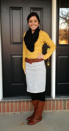 Yellow sweater, black cowl scarf, striped skirt, black tights with camel color boots & belt Mode Ab 50, Modest Winter Outfits, Color Boots, Moms Fashion, Church Outfit, Boating Outfit, Healthy Motivation, Outfit Jeans