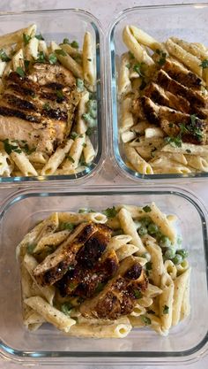 three glass containers filled with pasta and meat