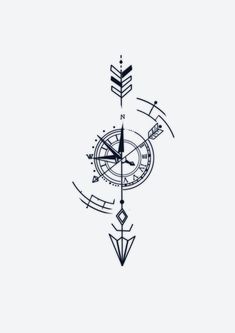 a black and white drawing of a clock with arrows