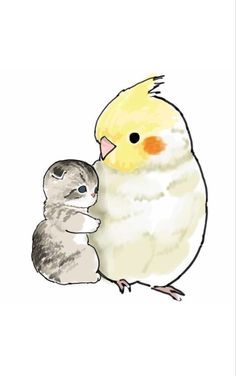 a drawing of a yellow bird and a small gray cat sitting next to each other