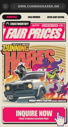 an advertisement for fair prices featuring a car with flames coming out of the hood and on fire