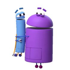 a purple and blue object with eyes on each side, standing next to one another