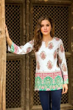 Beaded cotton tunic, 'Beautiful Jaipur' - Cotton #BlockPrint #Tunic with Beadwork and #Sequins #springfashion #springclothing #warmweather #springtrends Vijay Singh, Paisley Motifs, Green Paisley, Cotton Tunic, Lovely Tops, Border Print, Block Printing, New Energy, Women Shirts Blouse