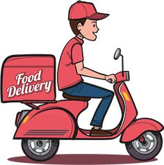 a man riding on the back of a red scooter with food delivery written on it