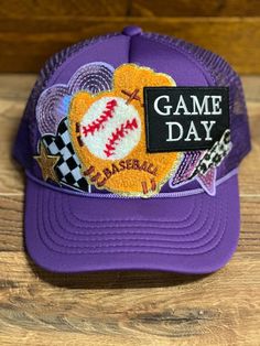 Custom Trucker Hat Purple Trucker Hat One Size, Fun Curved Brim Hats For Baseball Season, Fun Curved Brim Baseball Hats, Purple Cap (one Size Fits Most), Purple Cap One Size Fits Most, Purple Outdoor Hats For Spring, Purple Outdoor Hat For Spring, Fun Baseball Cap For Baseball Season, Purple Baseball Cap One Size