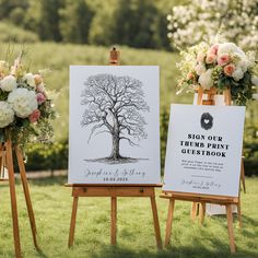 two eases with flowers and pictures on them sitting in the grass next to each other