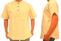 You are viewing collarless, half sleeve grandad Shirt/Kurta for casual, summer, festival, Yoga, beach or formal use. Features : ✔Material: Upto 35% Linen and rest cotton ✔Pockets :  Design A:  has One chest and one side Design B: No pocket ✔High quality fabric ✔High quality stitching ✔Use:Casual,Summer,Festival,Yoga,Beach, Formal ✔Colour: Cream/Natural White/Light Beige ✔Wash: Dry clean, or gentle washing and drying recommended Linen comes from flax plants and are biodegradable. Flax plants do n Casual Cotton Collarless Tops, Casual Collarless Cotton Top, Casual Cotton Kurta With Half Sleeves, Spring Cotton Kurta With Short Sleeves, Traditional Beige Short Sleeve Tops, Casual Cotton Kurta With Short Sleeves, Traditional Short Sleeve Summer Kurta, White Casual Relaxed Fit Kurta, Casual Long Sleeve Beige Kurta