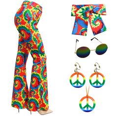 PRICES MAY VARY. 【70s Costumes Set】You will receive in total 6 pices set - 1 hippie flared bottom pants, 1 headband, 1 sunglass, 1 peace sign necklace and 1 pair peace sign of earrings. A perfect outfit set for 60s 70s 80s theme parties. 【Comfortable Pants with Vintage Accessaries】The flared pants are made of 85% polyester and 15% spandex fabric, it is soft, stretchy, lightweight, smooth, breathable, make you feel comfortable and show your curve, the necklace and earrings are made of primium pla Fitted Hippie Party Pants, Fitted Hippie Pants For Party, Retro Multicolor Bottoms For Festival, Fitted Hippie Style Pants For Party, Retro Multicolor Pants For Festival, Retro Multicolor Party Bottoms, Disco Style Bottoms For Spring Costume Party, Red Hippie Pants For Summer, Red Hippie Summer Pants