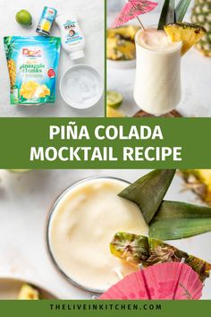 pina colada cocktail recipe with pineapples, coconut and milk in the background