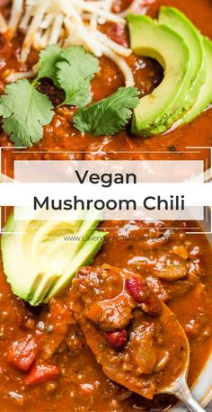 vegan mushroom chili with avocado and cilantro