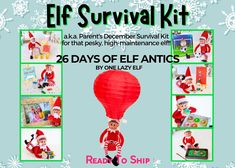 an advertisement for the elf survival kit with pictures of santas and elves on it