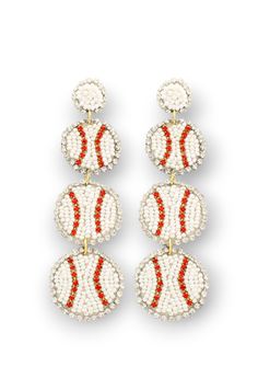 Home Run White Three Tier Baseball Beaded Earrings-Golden Stella-L. Mae Boutique Drops Design Inspired, Baseball Game Outfit, Baseball Theme Party, Jumper Denim, Game Outfit, Baseball Outfit, Graphic Tee Dress, Drop Design, Baseball Game