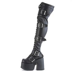 5" Heel, 3" Platform Gothic Lace Up Thigh High Boots. Buckle Straps And Full Length Inner Side Metal Zipper Closure. Black Vegan Friendly Stretch Faux Leather. Styles: Egirl Goth Punk Emo Alternative Steampunk Emac-305 Emo Boots, Hologram Shoes, Thigh High Black Boots, Goth Platforms, Stretch Thigh High Boots, Demonia Boots, Alternative Shoes, Demonia Shoes, Festival Shoes