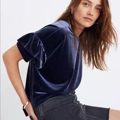 Nwt Madewell Velvet Top Exaggerated Ruffle Sleeve Blue Never Worn. Bl6537 With Its Swingy Ruffled Sleeve, This Perfectly Boxy Velvet Tee Is A Feminine Take On A Classic. A Wear-Anywhere Style With, You Know, A Little Something Extra. Relaxed Fit. Poly/Spandex. Machine Wash. Import. K1804 Velvet Puff Sleeve Shirt, Blue Velvet Top, Velvet Tees, Ruffle Sleeve Top, Velvet Shorts, Velvet Blouses, Velvet Top, Ruffled Sleeve Top, Mode Inspo