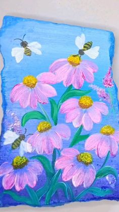 a painting of pink flowers and bees on a blue background