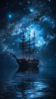 a ship floating on top of the ocean under a night sky filled with stars