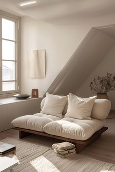 a white couch sitting under a window next to a wooden table with books on it