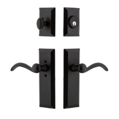 three black door handles and knobs on a white background