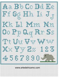 a cross stitch pattern with the letters and numbers on it, including an elephant in blue