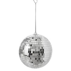 a silver disco ball hanging from a string