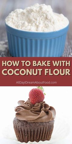 how to bake with coconut flour in a blue bowl and then topped with chocolate frosting