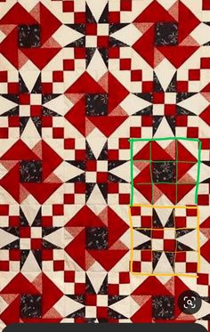 an image of a red and white quilt with green square in the center on it