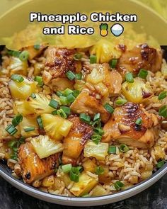 pineapple chicken and rice in a bowl with the words pineapple chicken and rice