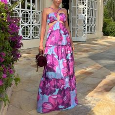 Very Beautiful Maxi Dress For All Ocasions Floral With Open Back Purple Floral Print Maxi Dress For Vacation, Purple Floral Print Maxi Dress For The Beach, Chic Purple Floral Print Maxi Dress, Casual Purple Maxi Dress For Garden Party, Chic Purple Maxi Dress For Vacation, Purple Floral Print Vacation Dress, Purple Floral Print Dress For Vacation, Chic Purple Maxi Dress For Garden Party, Purple Maxi Dress For Day Out