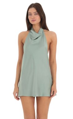 Satin Halter Open Back Dress in Sage | LUCY IN THE SKY Green Satin Mini Dress, Upf Clothing, Casual Day Dresses, Semi Formal Dresses, Open Back Dress, Open Back Dresses, Straight Dress, Date Night Dresses, Fabulous Dresses